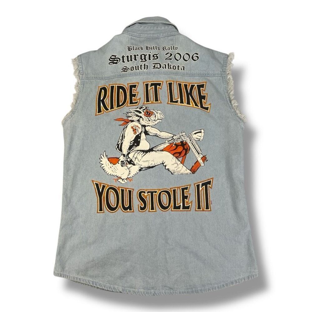Sturgis 2006 J Fashion Denim Sleeveless Motorcycle Bike Week Button Front Top Si